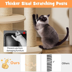59 Inch Wooden Cat Tree with Pine Fence Perch, Non Woven Hammock and 4.4 Inch Sisal Posts, Gray