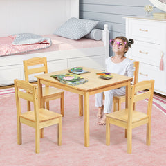 5 Piece Kids Table and 4 Chair Set, Natural Solid Pine