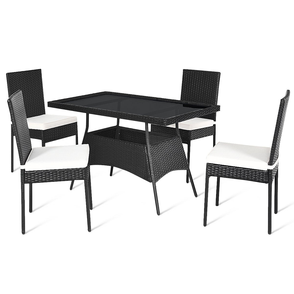 5 Piece Black Rattan Patio Dining Set, 47 Inch Tempered Glass Table and 4 High Back Chairs with Lift Off Cushions