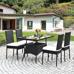5 Piece Black Rattan Patio Dining Set, 47 Inch Tempered Glass Table and 4 High Back Chairs with Lift Off Cushions