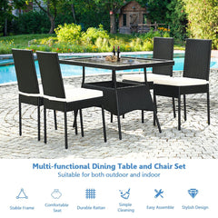 5 Piece Black Rattan Patio Dining Set, 47 Inch Tempered Glass Table and 4 High Back Chairs with Lift Off Cushions
