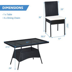 5 Piece Black Rattan Patio Dining Set, 47 Inch Tempered Glass Table and 4 High Back Chairs with Lift Off Cushions