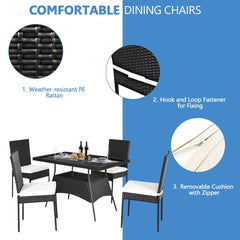 5 Piece Black Rattan Patio Dining Set, 47 Inch Tempered Glass Table and 4 High Back Chairs with Lift Off Cushions