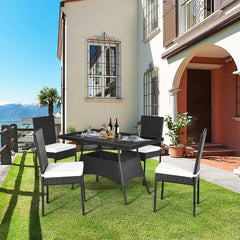 5 Piece Black Rattan Patio Dining Set, 47 Inch Tempered Glass Table and 4 High Back Chairs with Lift Off Cushions