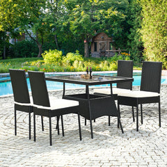 5 Piece Black Rattan Patio Dining Set, 47 Inch Tempered Glass Table and 4 High Back Chairs with Lift Off Cushions