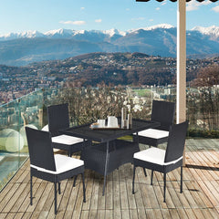 5 Piece Black Rattan Patio Dining Set, 47 Inch Tempered Glass Table and 4 High Back Chairs with Lift Off Cushions