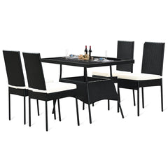 5 Piece Black Rattan Patio Dining Set, 47 Inch Tempered Glass Table and 4 High Back Chairs with Lift Off Cushions