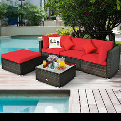 5 Piece Patio Rattan Sectional Set, 2 Corner Sofas, Armless Seat, Ottoman and Glass Coffee Table, Red