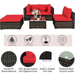 5 Piece Patio Rattan Sectional Set, 2 Corner Sofas, Armless Seat, Ottoman and Glass Coffee Table, Red
