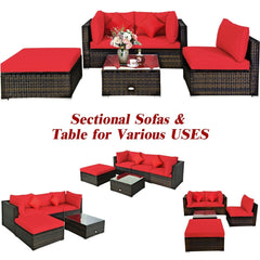 5 Piece Patio Rattan Sectional Set, 2 Corner Sofas, Armless Seat, Ottoman and Glass Coffee Table, Red