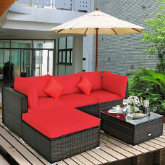 5 Piece Patio Rattan Sectional Set, 2 Corner Sofas, Armless Seat, Ottoman and Glass Coffee Table, Red
