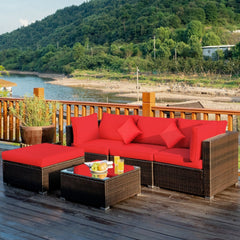 5 Piece Patio Rattan Sectional Set, 2 Corner Sofas, Armless Seat, Ottoman and Glass Coffee Table, Red