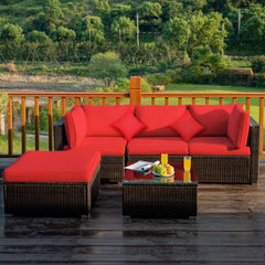 5 Piece Patio Rattan Sectional Set, 2 Corner Sofas, Armless Seat, Ottoman and Glass Coffee Table, Red