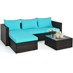 5 Piece Rattan Patio Sectional Set, Corner Sofa, 2 Armless Seats, Ottoman and Glass Coffee Table, Turquoise