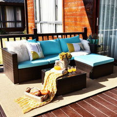 5 Piece Rattan Patio Sectional Set, Corner Sofa, 2 Armless Seats, Ottoman and Glass Coffee Table, Turquoise