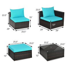 5 Piece Rattan Patio Sectional Set, Corner Sofa, 2 Armless Seats, Ottoman and Glass Coffee Table, Turquoise