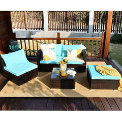 5 Piece Rattan Patio Sectional Set, Corner Sofa, 2 Armless Seats, Ottoman and Glass Coffee Table, Turquoise