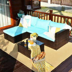 5 Piece Rattan Patio Sectional Set, Corner Sofa, 2 Armless Seats, Ottoman and Glass Coffee Table, Turquoise