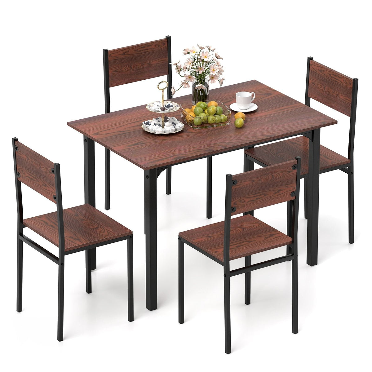 5 Piece Dining Table Set Industrial Style Kitchen Table and Chairs for 4-Walnut