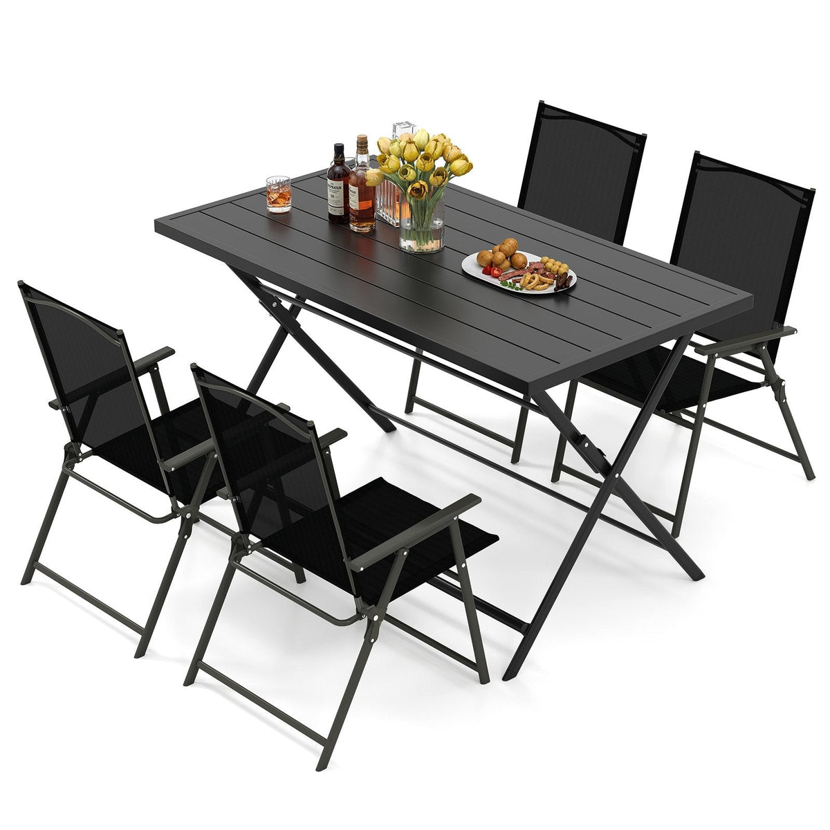 5 Piece Foldable Patio Dining Set, 48 Inch Slatted Metal Table and 4 Folding Armchairs That Store 2 Inches Flat