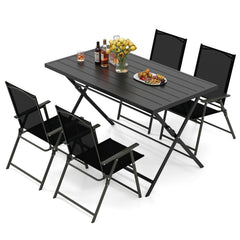 5 Piece Foldable Patio Dining Set, 48 Inch Slatted Metal Table and 4 Folding Armchairs That Store 2 Inches Flat