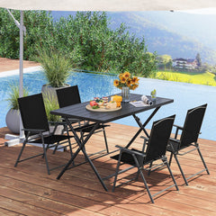 5 Piece Foldable Patio Dining Set, 48 Inch Slatted Metal Table and 4 Folding Armchairs That Store 2 Inches Flat