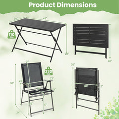 5 Piece Foldable Patio Dining Set, 48 Inch Slatted Metal Table and 4 Folding Armchairs That Store 2 Inches Flat