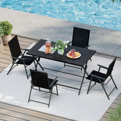 5 Piece Foldable Patio Dining Set, 48 Inch Slatted Metal Table and 4 Folding Armchairs That Store 2 Inches Flat