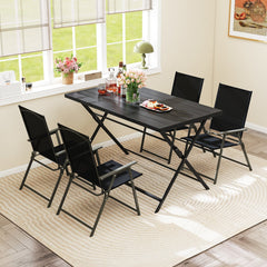 5 Piece Foldable Patio Dining Set, 48 Inch Slatted Metal Table and 4 Folding Armchairs That Store 2 Inches Flat