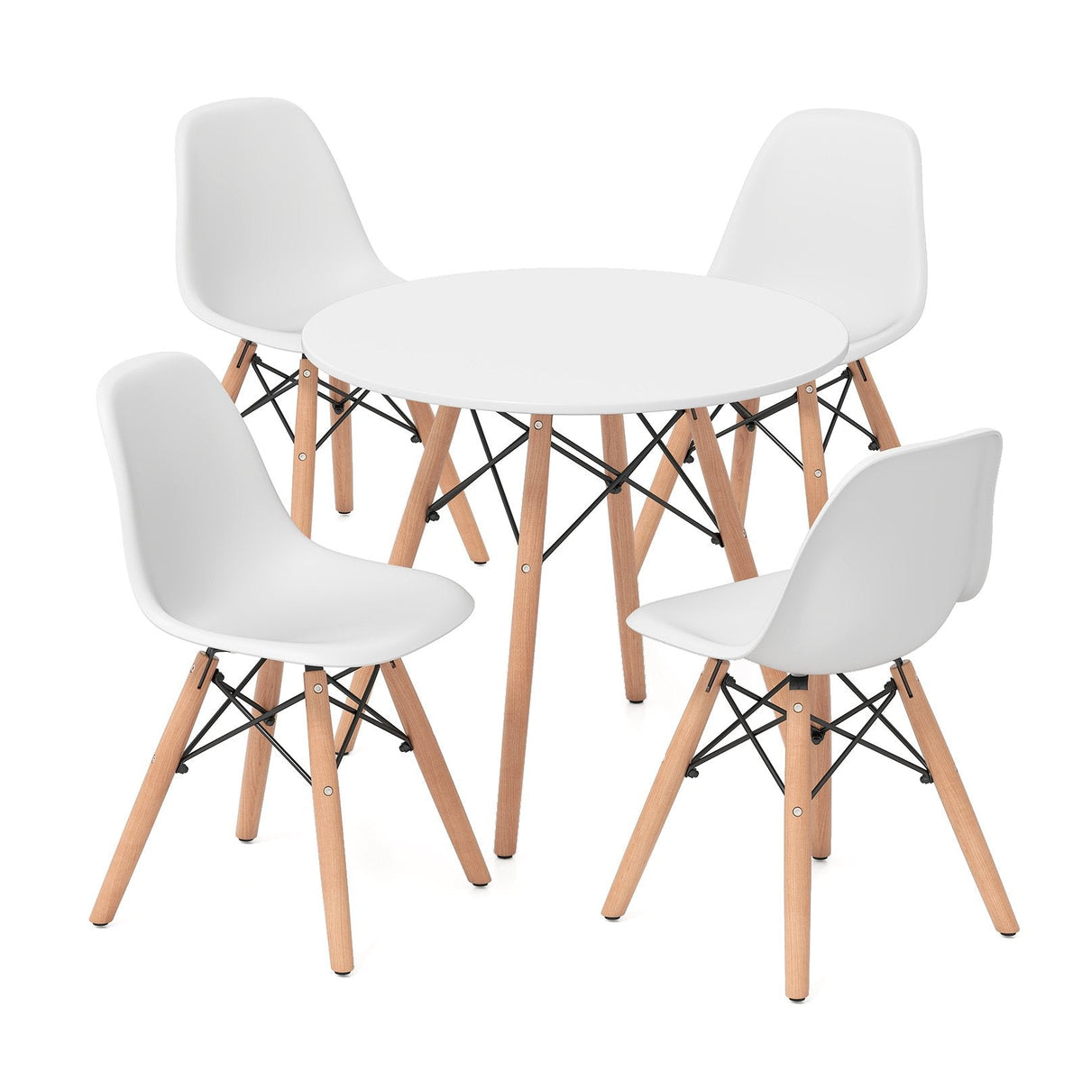 5 Piece Kids Round Table and 4 Armless Chair Set, White with Beech Legs