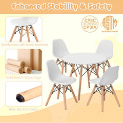5 Piece Kids Round Table and 4 Armless Chair Set, White with Beech Legs