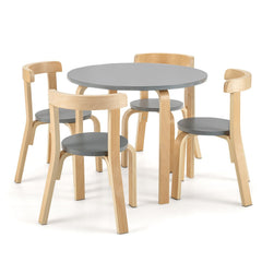 5 Piece Kids Wooden Round Table and 4 Curved Back Chair Set with Toy Bricks, Grey