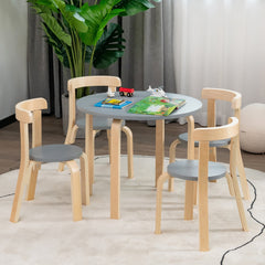 5 Piece Kids Wooden Round Table and 4 Curved Back Chair Set with Toy Bricks, Grey