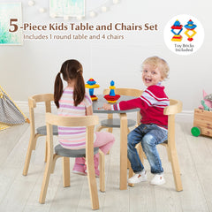 5 Piece Kids Wooden Round Table and 4 Curved Back Chair Set with Toy Bricks, Grey