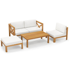 5 Piece Acacia Wood Patio Sectional Conversation Set with Ottoman and Coffee Table, Off White