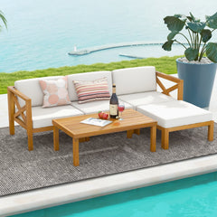 5 Piece Acacia Wood Patio Sectional Conversation Set with Ottoman and Coffee Table, Off White