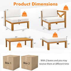 5 Piece Acacia Wood Patio Sectional Conversation Set with Ottoman and Coffee Table, Off White