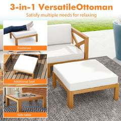 5 Piece Acacia Wood Patio Sectional Conversation Set with Ottoman and Coffee Table, Off White