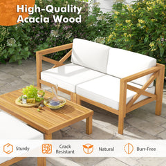 5 Piece Acacia Wood Patio Sectional Conversation Set with Ottoman and Coffee Table, Off White