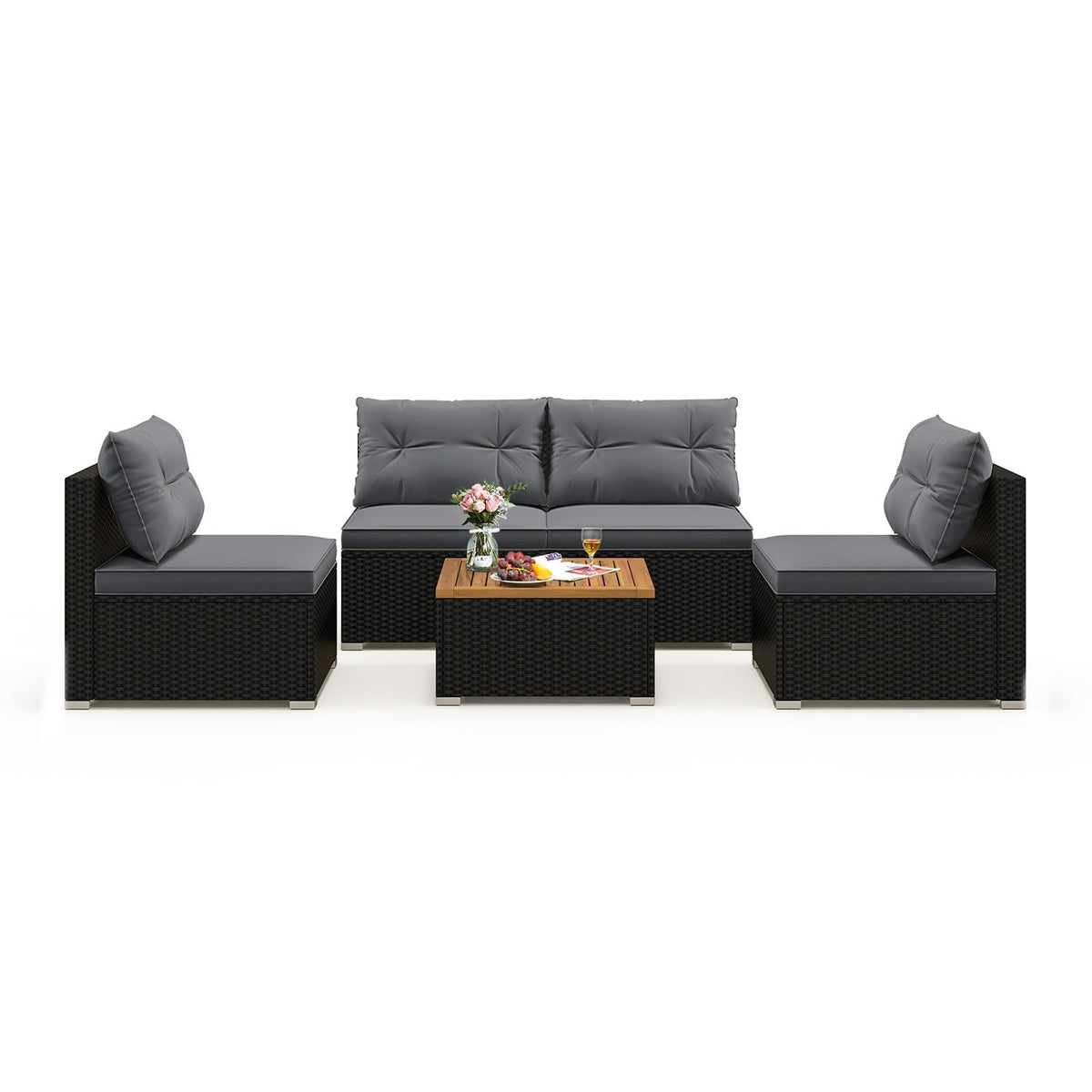 5 Piece Outdoor Rattan Seating Set, 4 Armless Sofas with Grey Cushions and Acacia Topped Coffee Table