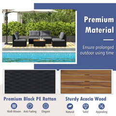5 Piece Outdoor Rattan Seating Set, 4 Armless Sofas with Grey Cushions and Acacia Topped Coffee Table