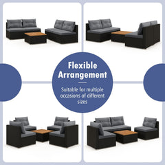 5 Piece Outdoor Rattan Seating Set, 4 Armless Sofas with Grey Cushions and Acacia Topped Coffee Table