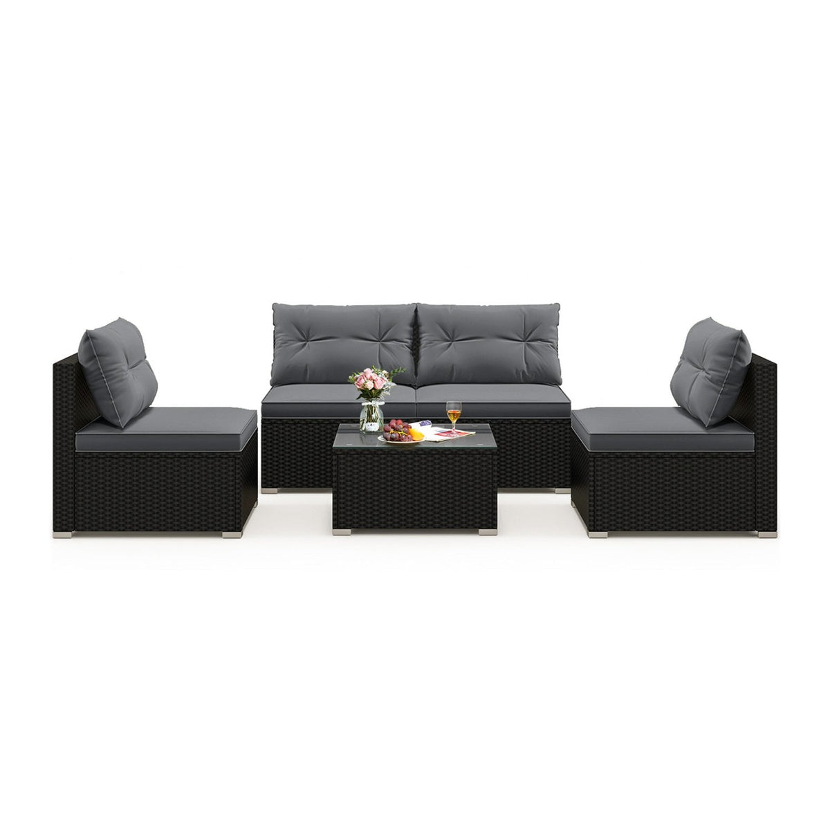 5 Piece Outdoor Patio Furniture Set, 4 Armless Rattan Seats and Glass Topped Coffee Table, Grey on Black