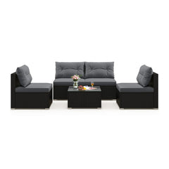 5 Piece Outdoor Patio Furniture Set, 4 Armless Rattan Seats and Glass Topped Coffee Table, Grey on Black