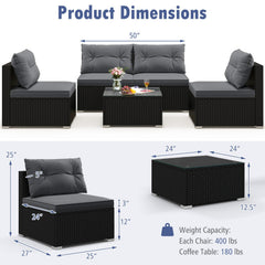 5 Piece Outdoor Patio Furniture Set, 4 Armless Rattan Seats and Glass Topped Coffee Table, Grey on Black