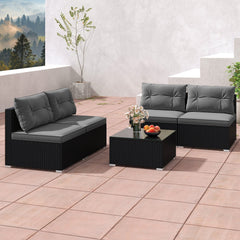 5 Piece Outdoor Patio Furniture Set, 4 Armless Rattan Seats and Glass Topped Coffee Table, Grey on Black