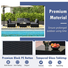 5 Piece Outdoor Patio Furniture Set, 4 Armless Rattan Seats and Glass Topped Coffee Table, Grey on Black