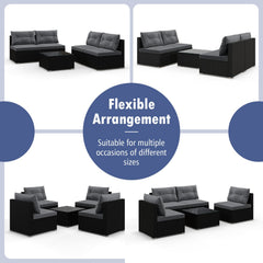 5 Piece Outdoor Patio Furniture Set, 4 Armless Rattan Seats and Glass Topped Coffee Table, Grey on Black