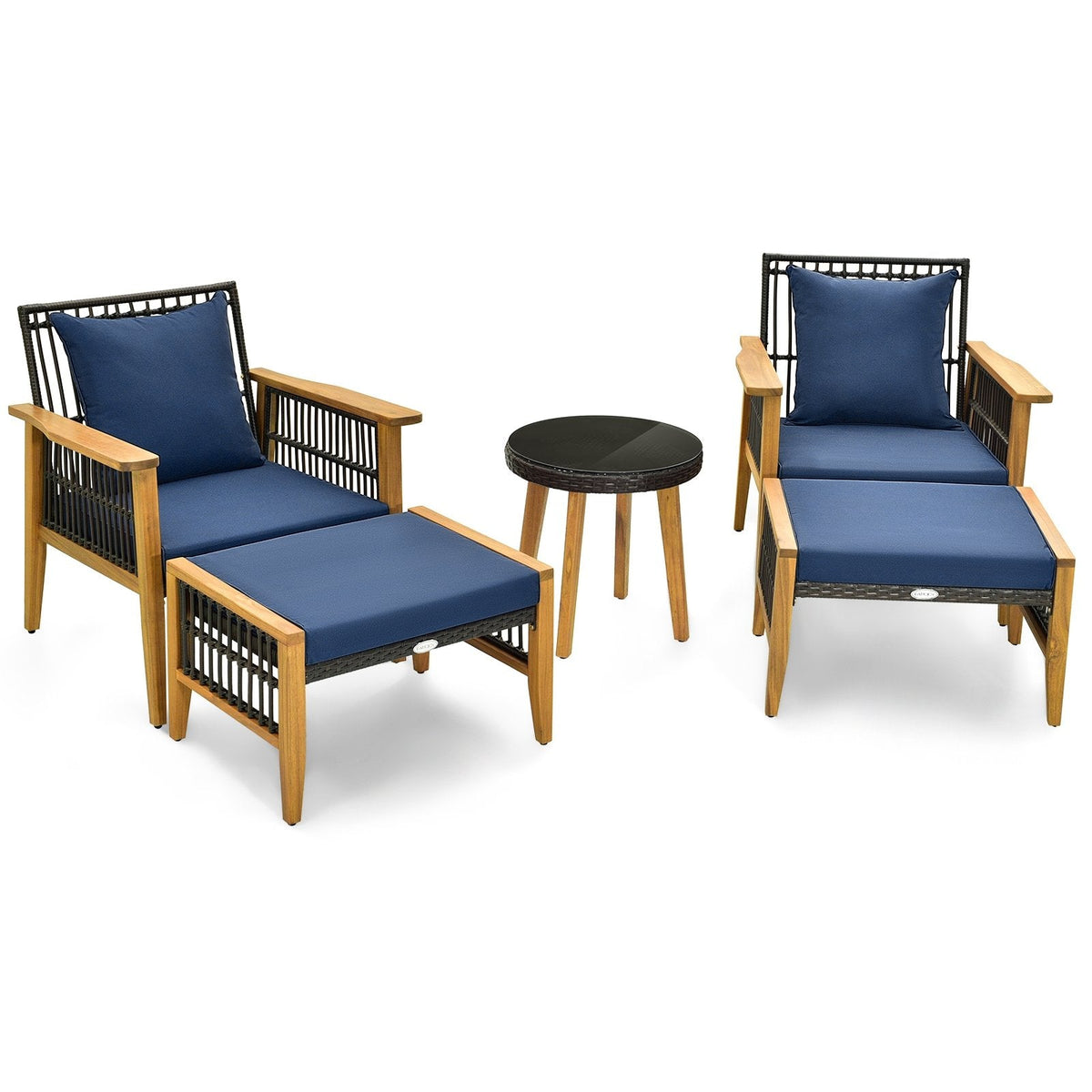 5 Piece Acacia and Rattan Patio Chair Set with 2 Ottomans and Round Glass Table, Navy