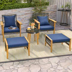 5 Piece Acacia and Rattan Patio Chair Set with 2 Ottomans and Round Glass Table, Navy